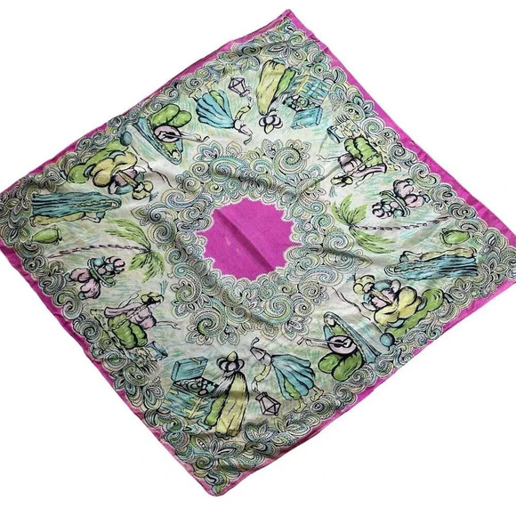 Vintage 100% Silk Snake Charmer Indian Dancers Square Scarf With Damage - Picture 1 of 11